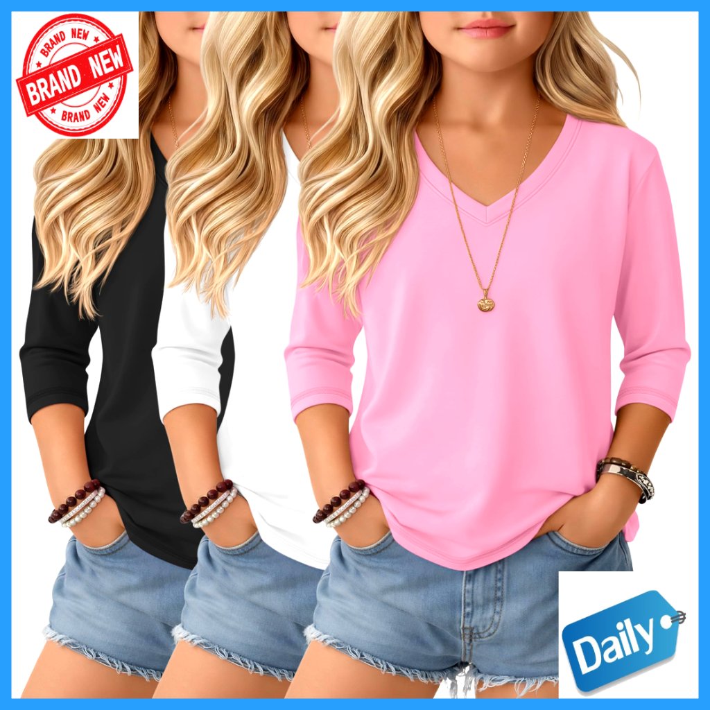 Girl's 3-Pack 3/4 Sleeve V-Neck Tees, Loose Fit, Lightweight Summer Tops